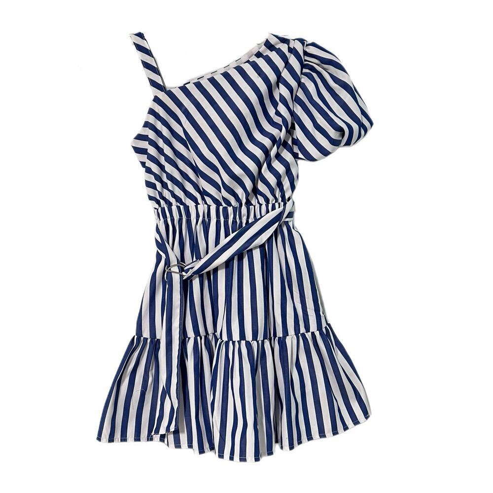 Habitual Dress Girls Size 7/8 Blue Striped Ballon Sleeve Lined Belted Coastal